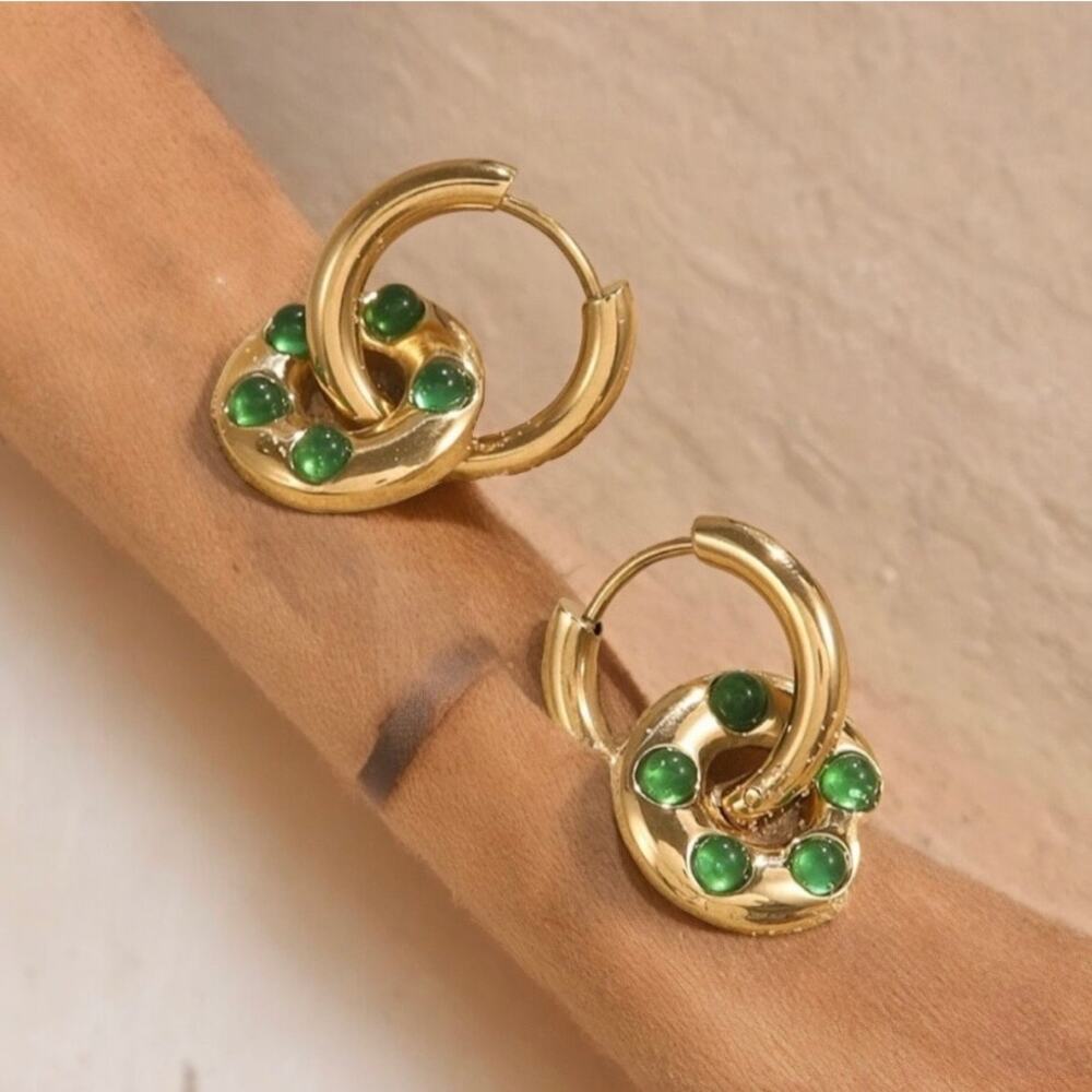 NEW 14K yellow gold stainless steel faux green agate drop earrings jewelry B20 - Picture 9 of 10